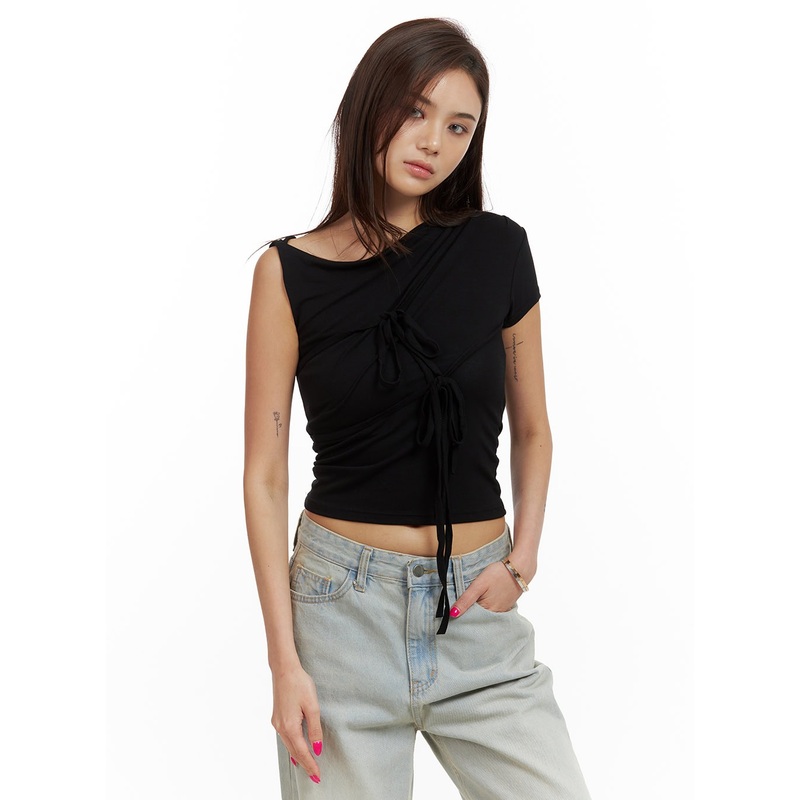 Unbalanced Ribbon Twist Crop Top CU417 Black S/M