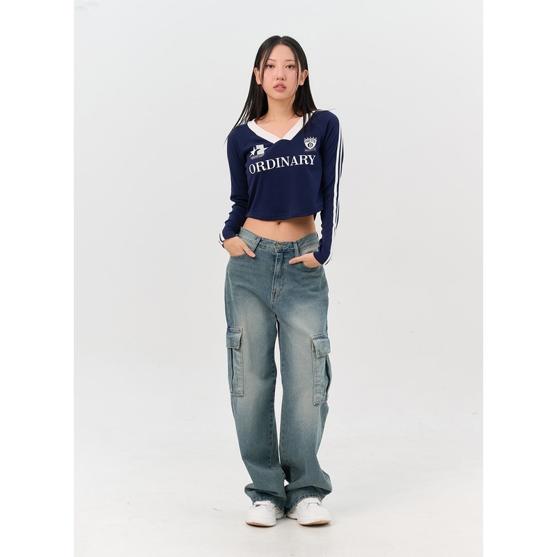 Washed Denim Cargo Jeans IN302 Blue XS