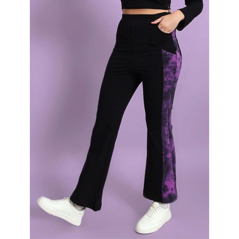 WOMEN VIOLA TIE DYE PANEL BOOT CUT PANT BLACK PURPLE XS