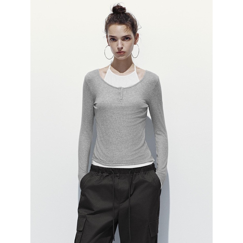 Button Top Long Sleeve T-Shirts Light Grey S