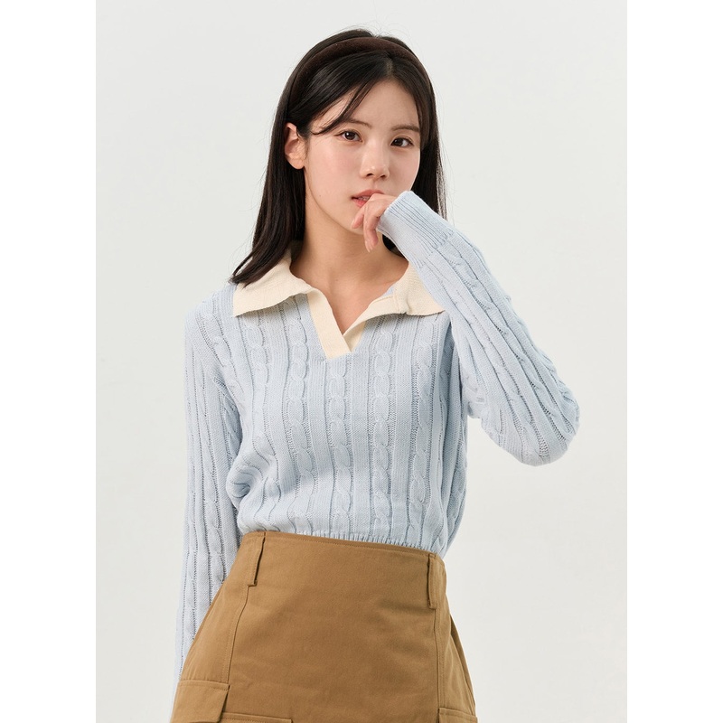Cable Knit Collared Sweater OO327 Light blue S/M