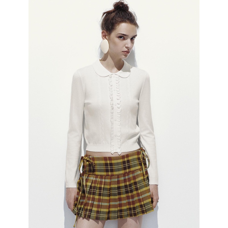 Knitted Button Up Long Sleeve T-Shirts White XS