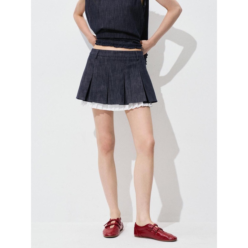 Pleated Denim Midi Skirts Blue XXS