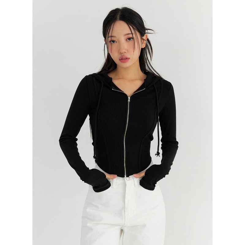 Round Hem Hooded Zip-Up CO327 Black S/M
