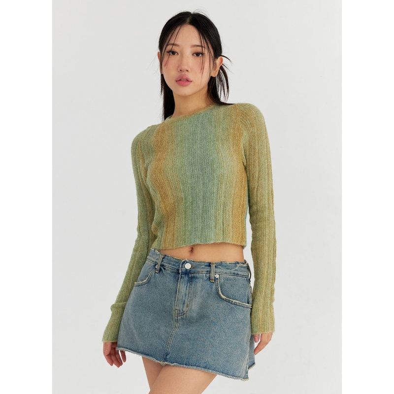 Round Neck Gradient Color Crop Sweater CO327 Green S/M