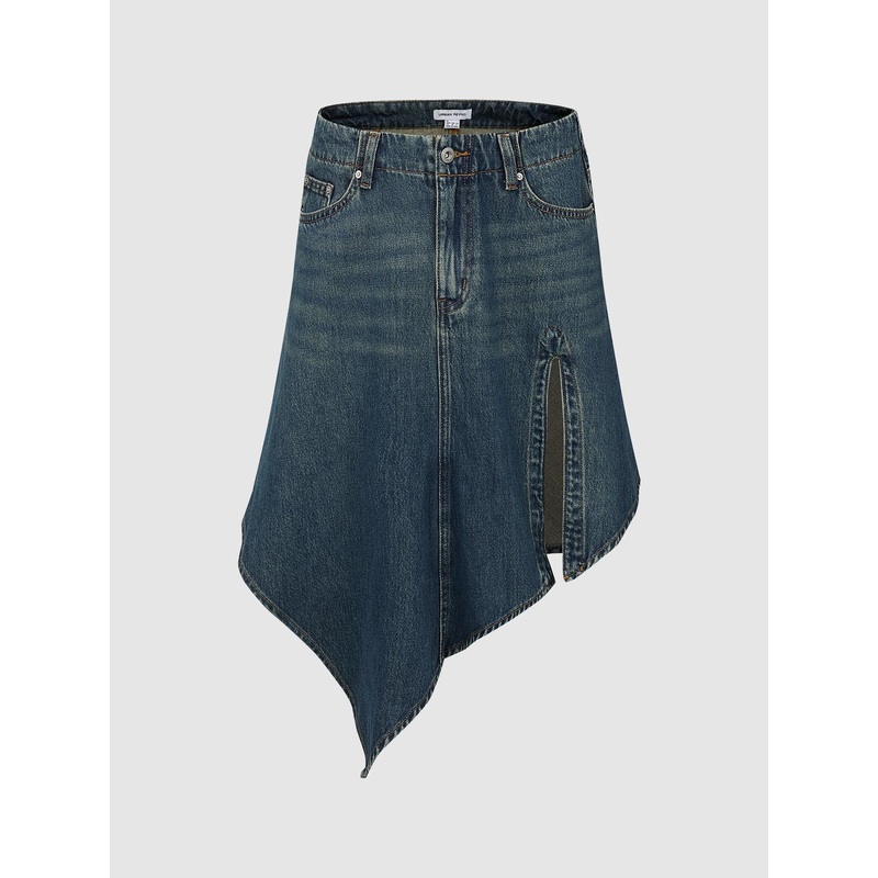Asymmetric Denim A-Line Midi Skirts Blue XXS