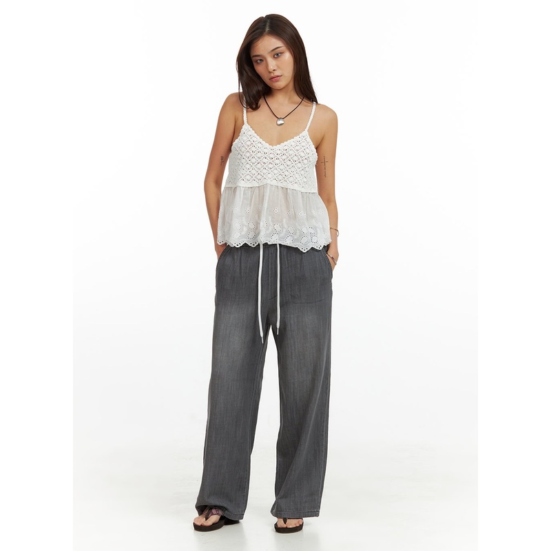 Banding Drawstring Baggy Jeans IU419 Black M/L