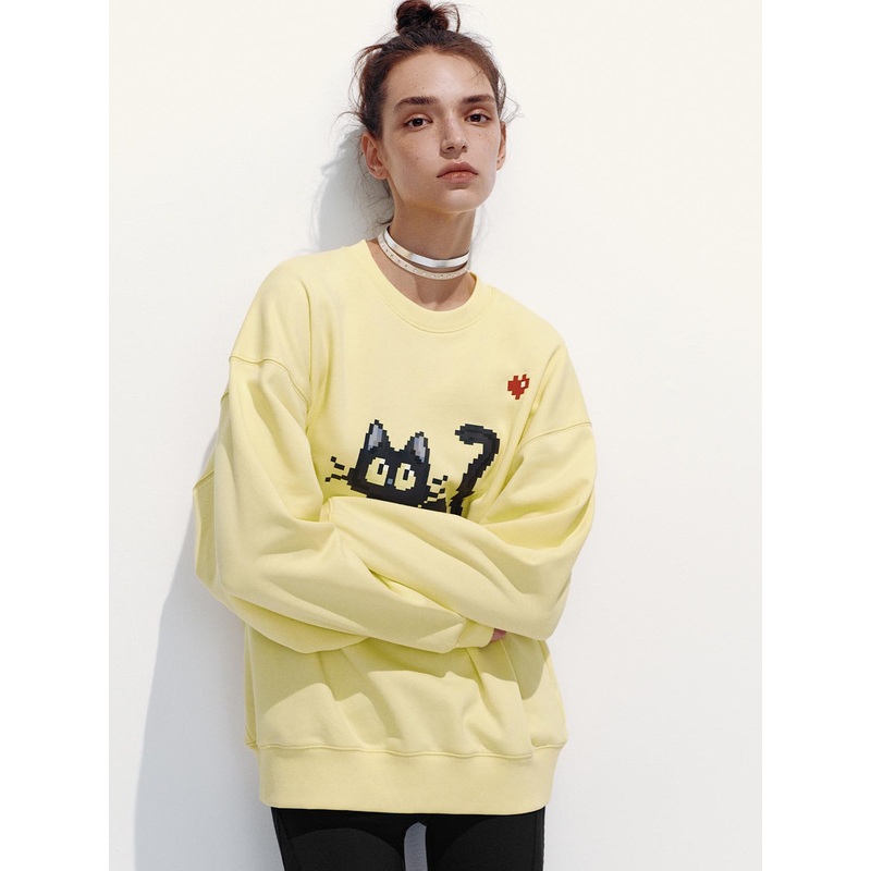 Crew Neck Printed Loose Sweatshirts Yellow XS