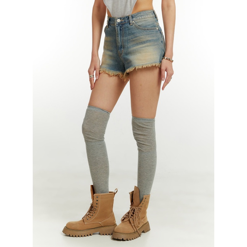 Destroyed Hem Denim Shorts CU421 Blue S