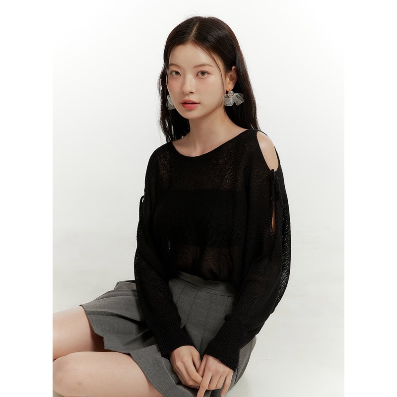 Hollow Out Side Ribbon Knit Sweater OU419 Black S/M