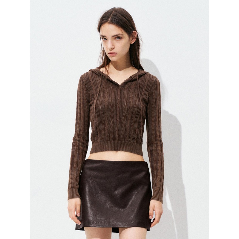 Knitted Button Top Hooded T-Shirts Brown XS