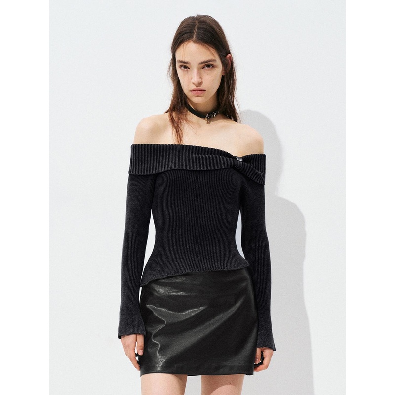 Knitted Off-the-Shoulder T-Shirts Grey XS