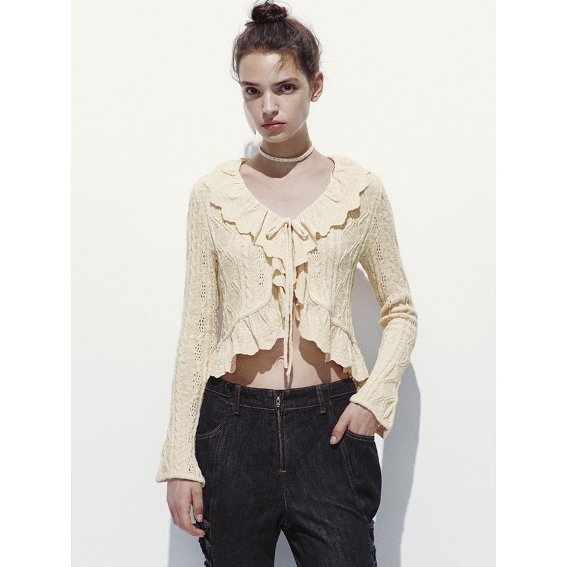 Knitted Ruffle Cardigans Beige XS