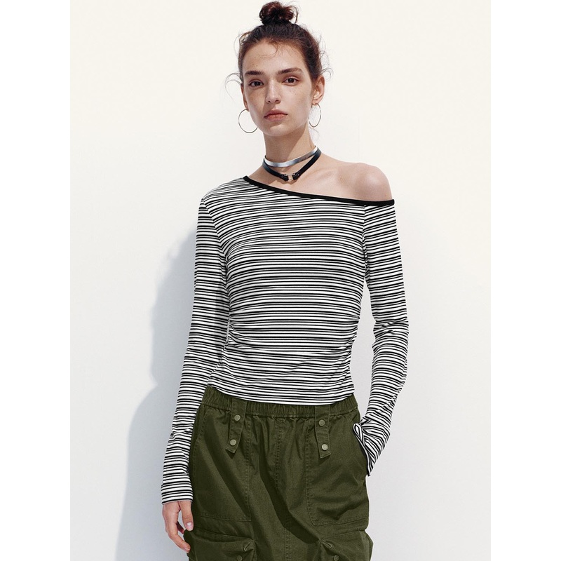 One Shoulder Long Sleeve Stripped T-Shirts Black Striped S