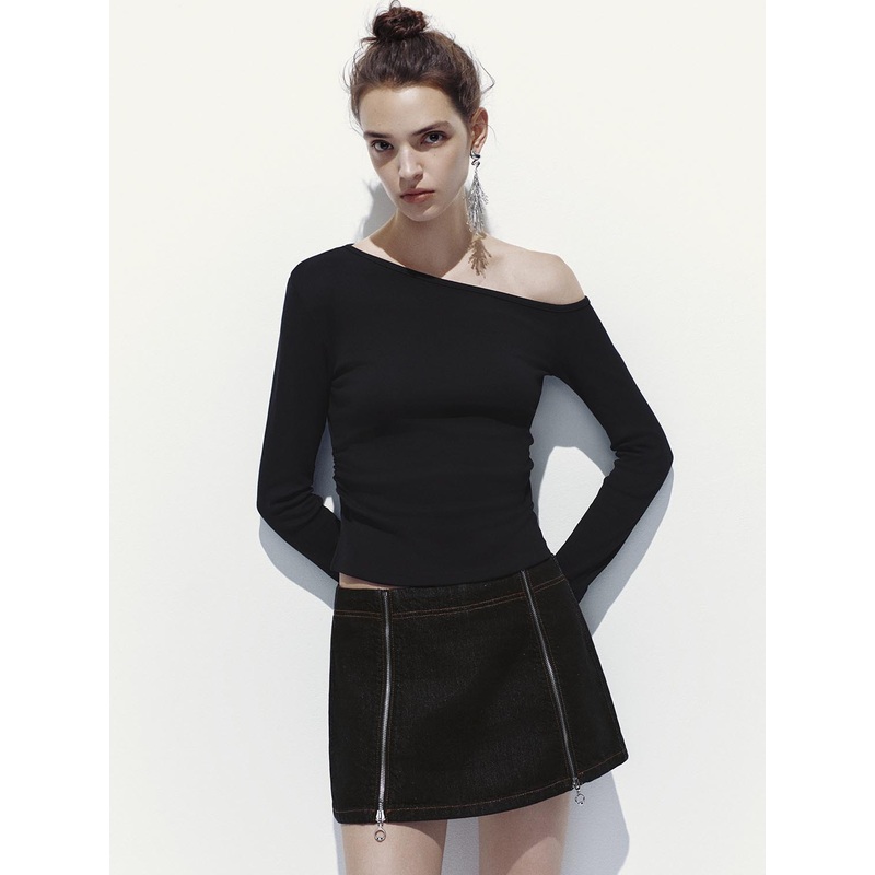 One Shoulder Ruched Long Sleeve T-Shirts Black S