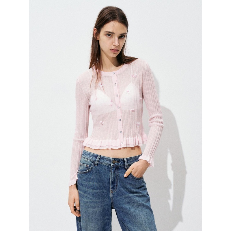 Ruffled Button Up Knitted Cardigans Pink XS