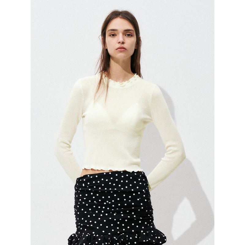 Ruffled Long Sleeve Knitted T-Shirts White XS