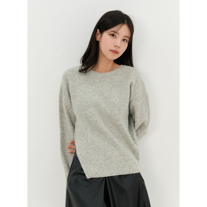 Side Slit Round Neck Sweater OO327 Gray S/M