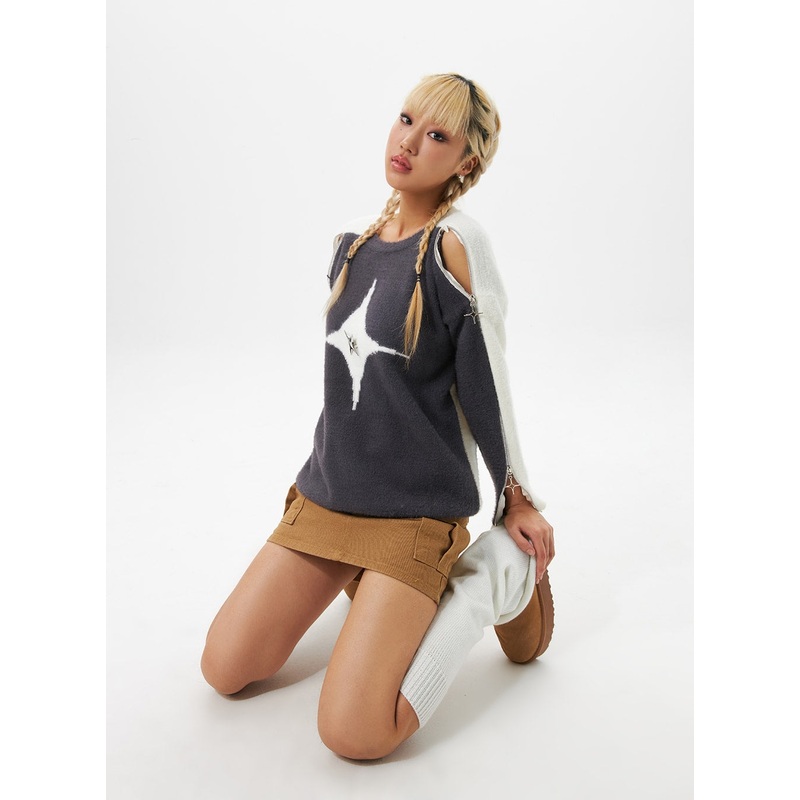 Star Motif Cut-Out Shoulder Sweater IO324 Dark gray S/M