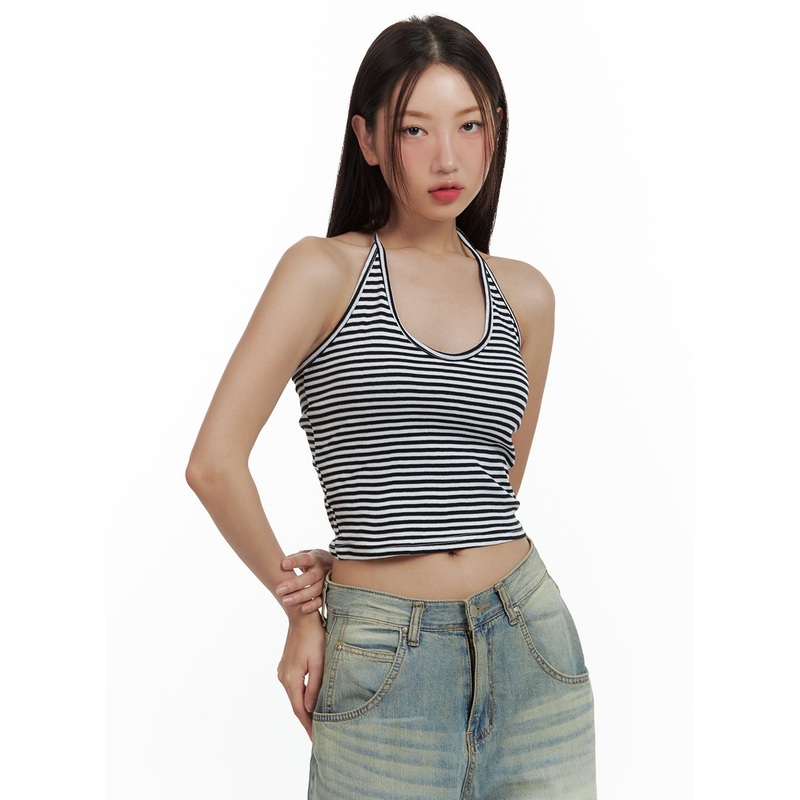 Stripe Halter Crop Top CU420 Black S/M