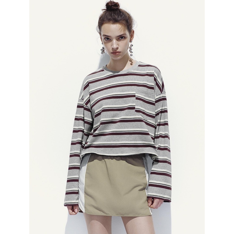 Stripped Loose Fit Long Sleeve T-Shirts Grey Striped S