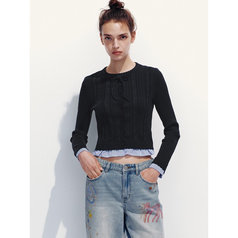 2 In 1 Bow-Collar Knitted Cardigans Blue XS