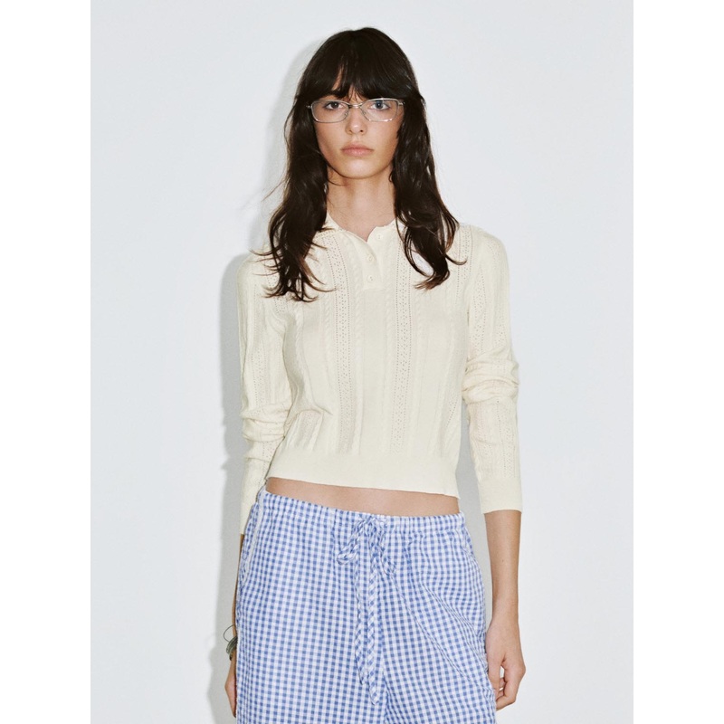 Button Top Long Sleeve Knitted T-Shirts White XS