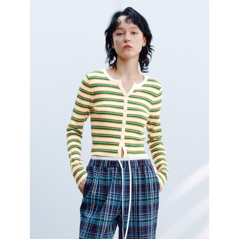 Button Up Stripped Knitted Cardigans Green Striped XS