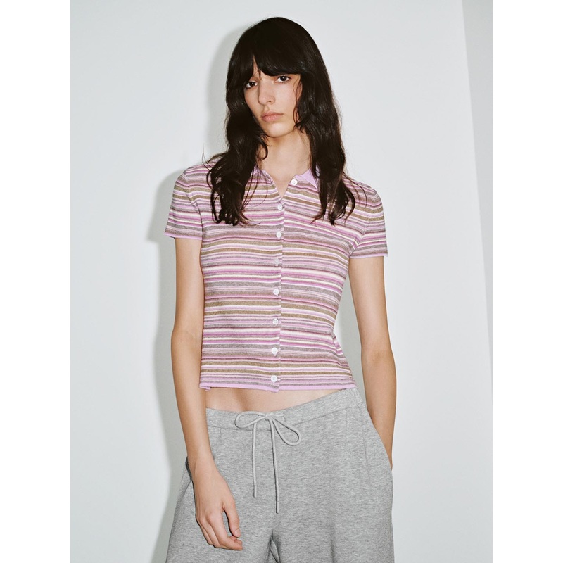 Button Up Stripped Knitted T-Shirts Purple Striped XS