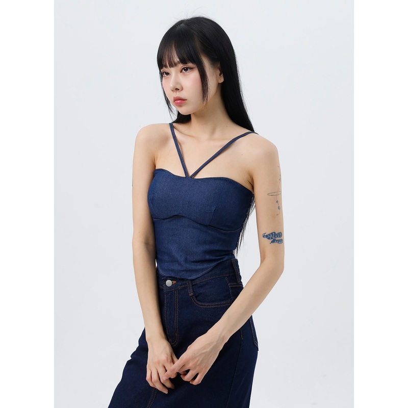 Denim Halter Neck Sleeveless Top IO319 Blue S