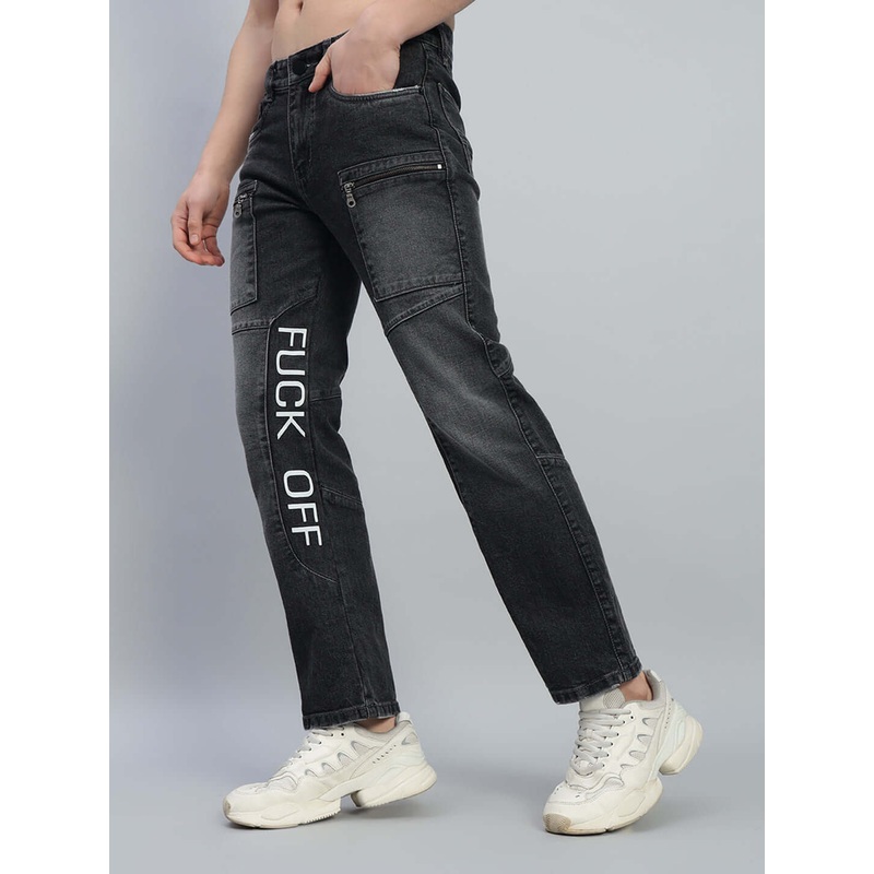 FUCK OFF REGULAR FIT DENIM JEANS BLACK 28