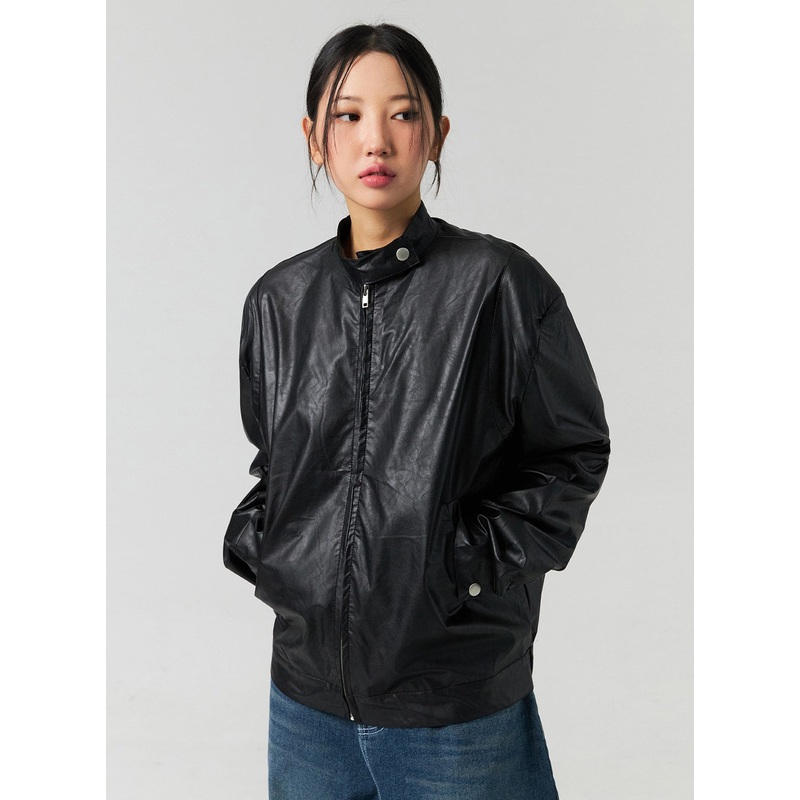 Loose Fit Faux Leather Jacket CO323 Black M/L