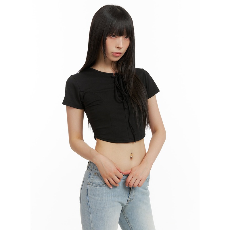 Round Neck Solid Crop Tee CU424 Black S/M