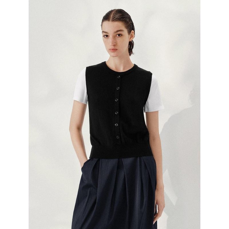 2 In 1 Button-Detail Knitted T-Shirts Black XS