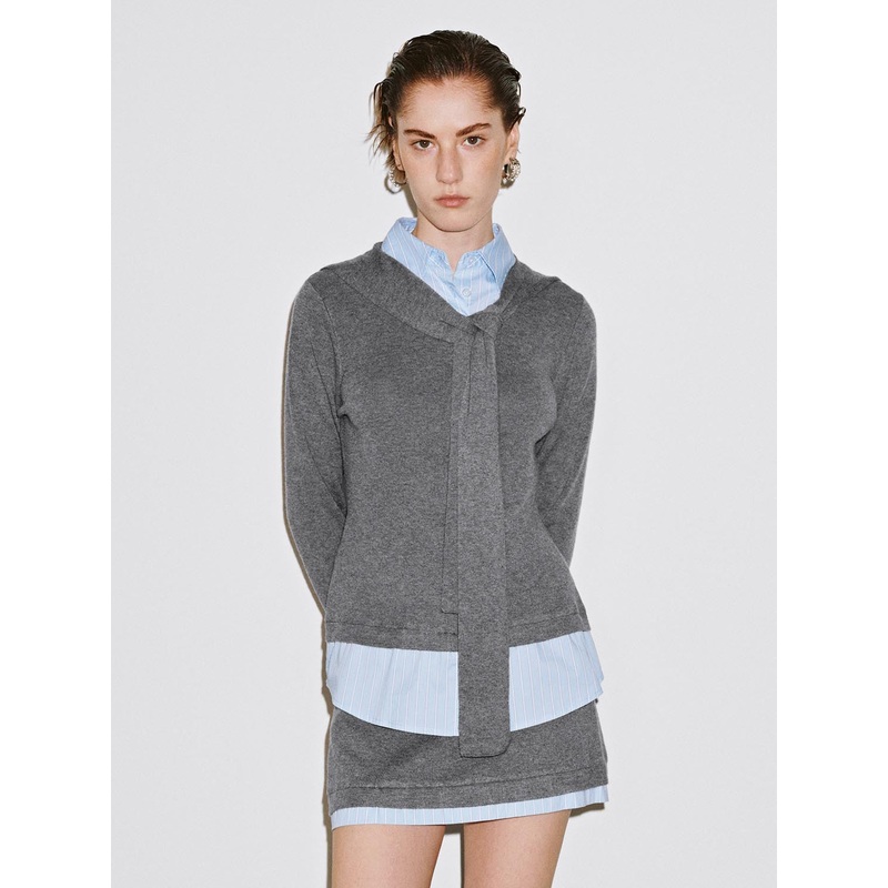 2 In 1 Scarf Collar Knitted T-Shirts Light Grey XS