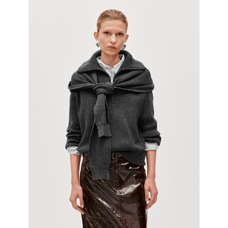 2 In 1 Stand Collar Knitted T-Shirts Dark Grey XS