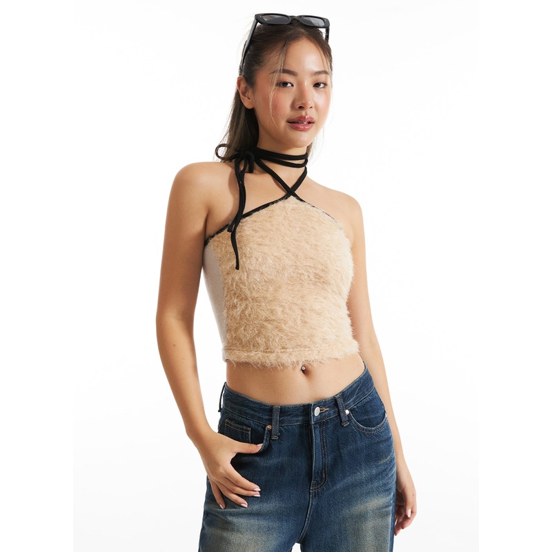 Boucl Halter Tie Crop Top CO313 Beige S/M
