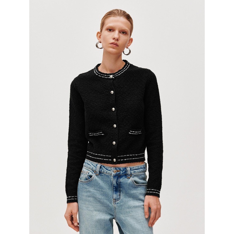 Button Up Crew Neck Knitted Cardigans Black XS