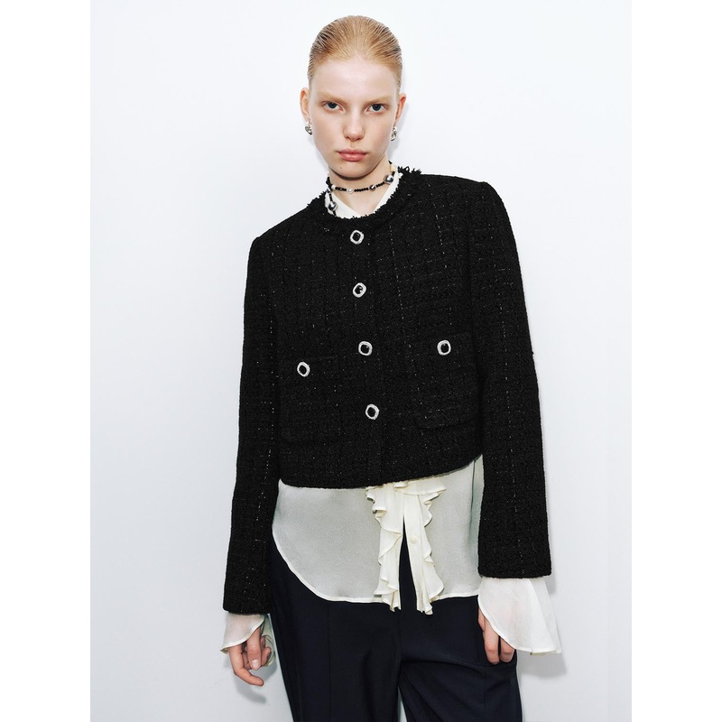 Button Up Crew Neck Tweed Jackets Black XS