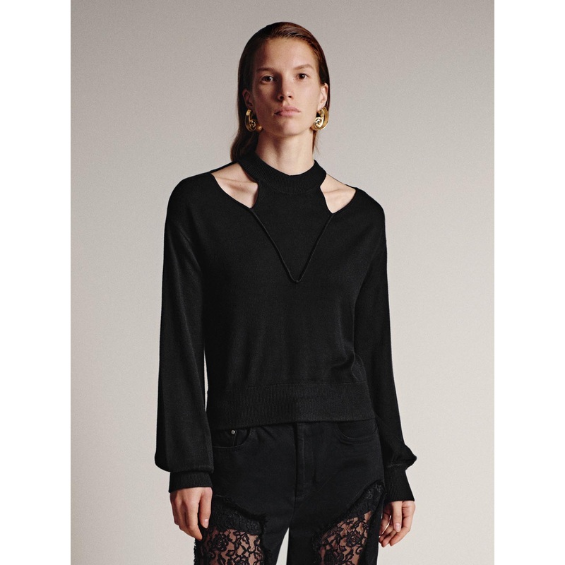 Cut-Out Long Sleeve Knitted T-Shirts Black XS