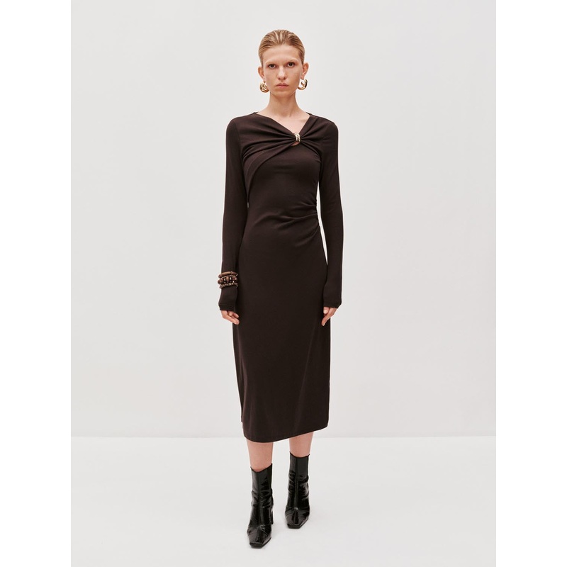 Draped Asymmetric Straight Midi Dresses Black XS