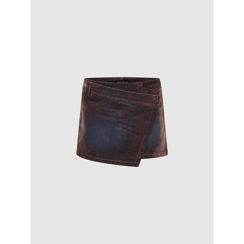 Drapey Denim Wrap Mini Skirts Brown XXS