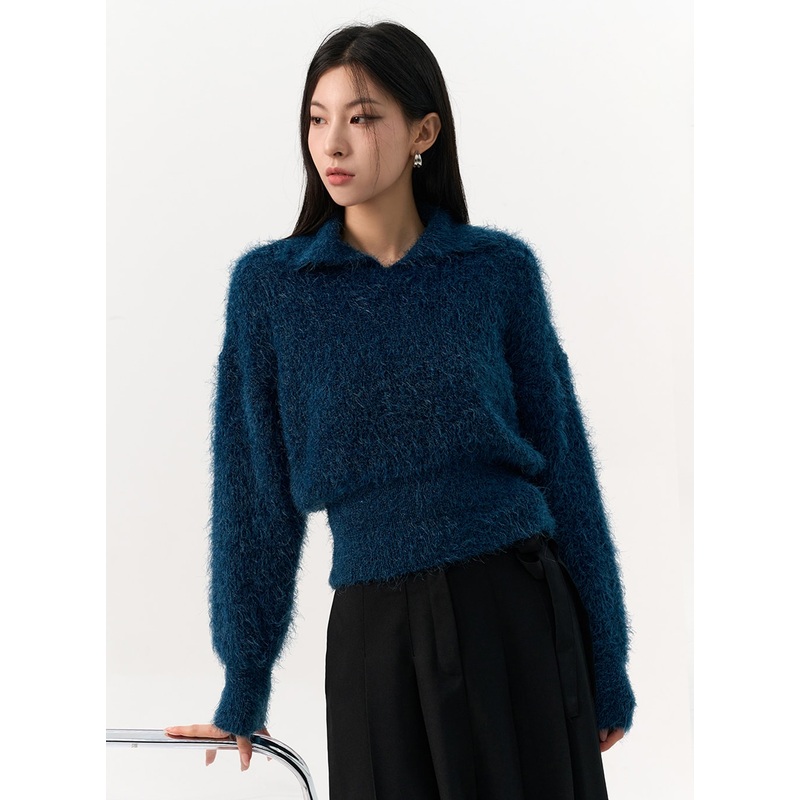 Fuzzy Knit Collar Sweater IO320 Dark blue S/M