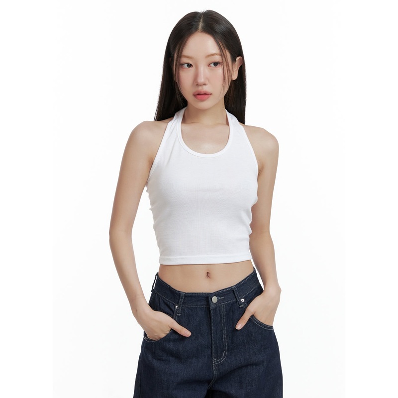 Halterneck Crop Tank Top OL401 White S/M