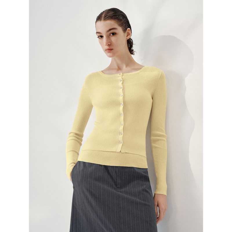 Long Sleeve Button Detail Knitted T-Shirts Yellow XS