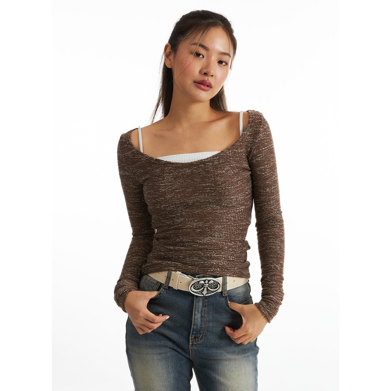 Metallic Sheen U-Neck Sweater CO318 Dark brown S/M