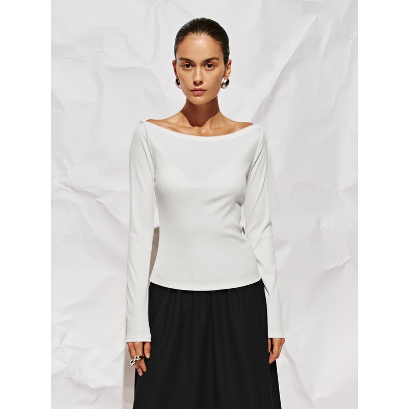 Off-the-Shoulder Long Sleeve T-Shirts White XS