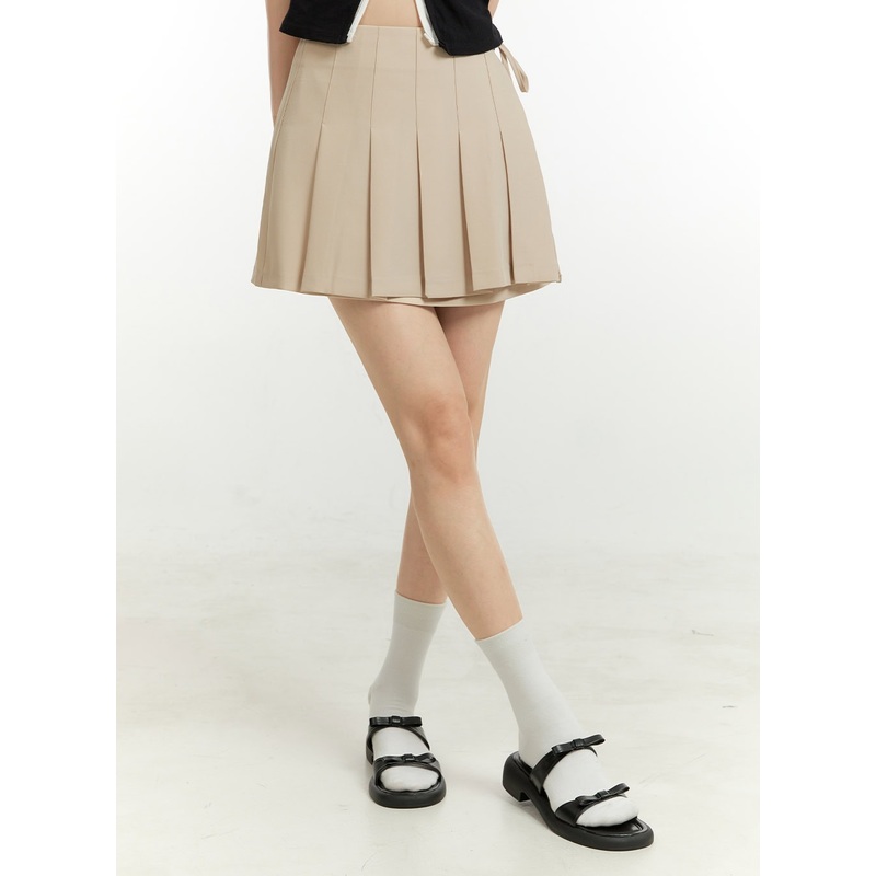 Pleated Solid Mini Skirt OU428 Beige S