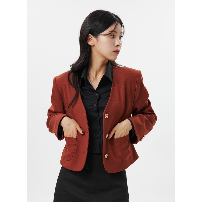 Collarless Crop Blazer Jacket OO312 Dark brown S/M