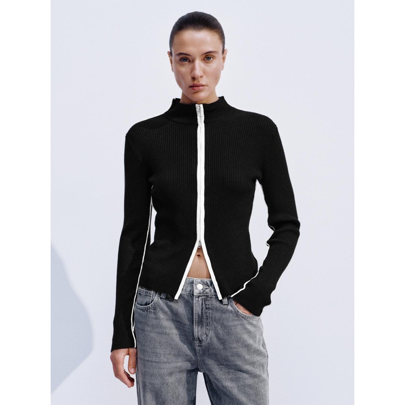 Contrast Full-Zip Knitted Cardigans Black XS